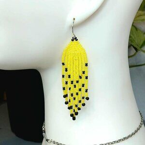 Yellow & Black Beaded Fringe Dangle Earrings, Seed Bead Jewelry 3.5"